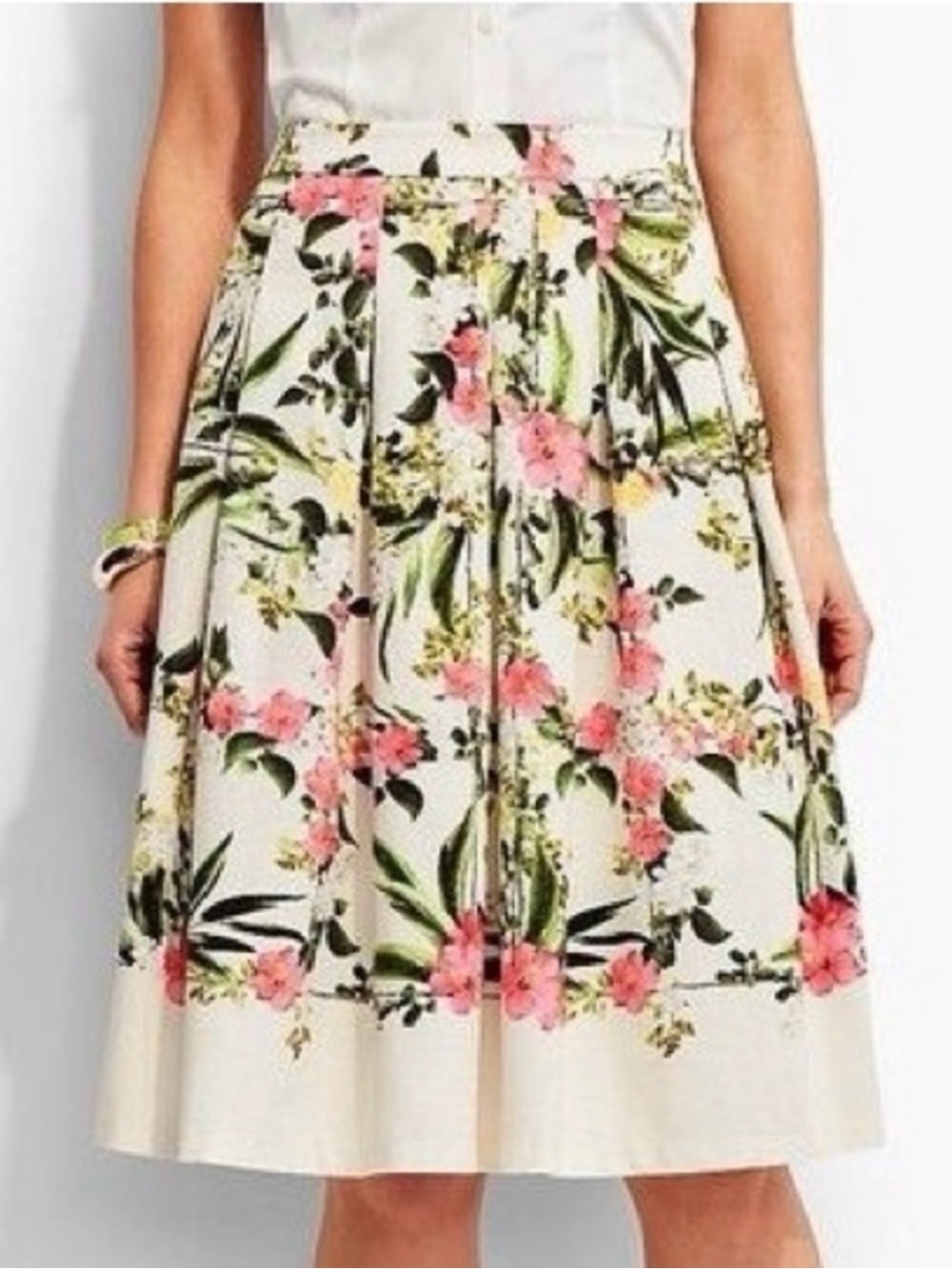 Talbots Cream Midi Skirt with Pink Floral Print